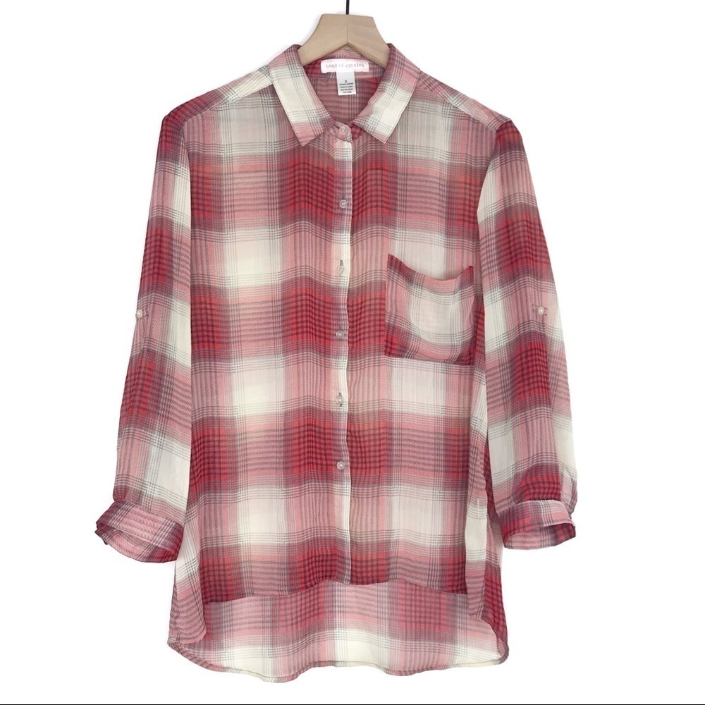 BAND OF GYPSIES Sheer Button Down Plaid Blouse Top S